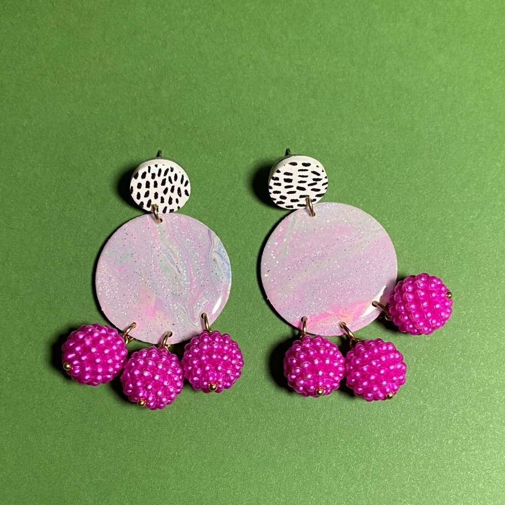 Handmade Clay Pink & Hot Pink Beaded Statement Earrings